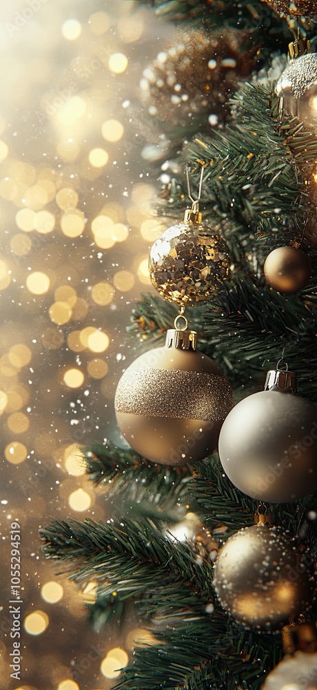 Canvas Prints a close-up of the christmas tree with lights and ornaments against a blurred background of sparkling