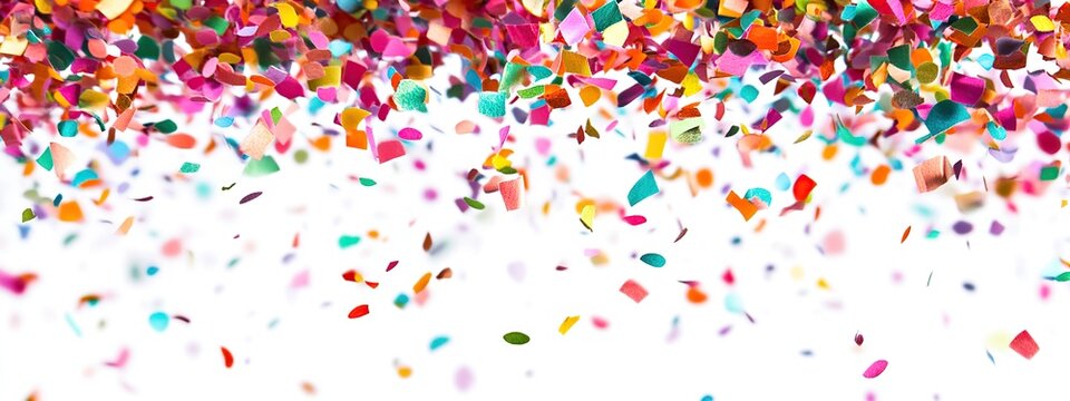 Colorful confetti falling from top isolated on white for banner background
