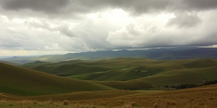 Storm clouds looming over a dramatic landscape of rolling green hills, landscape, rolling hills, storm clouds