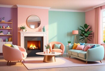 Cozy pastel living room with modern furniture and fireplace decor