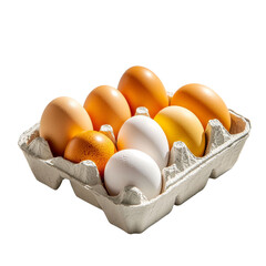 Assorted eggs in a carton, on transparent background.