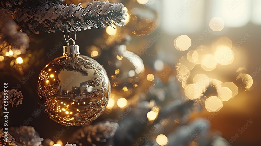 Poster a close-up of the christmas tree with lights and ornaments against a blurred background of sparkling