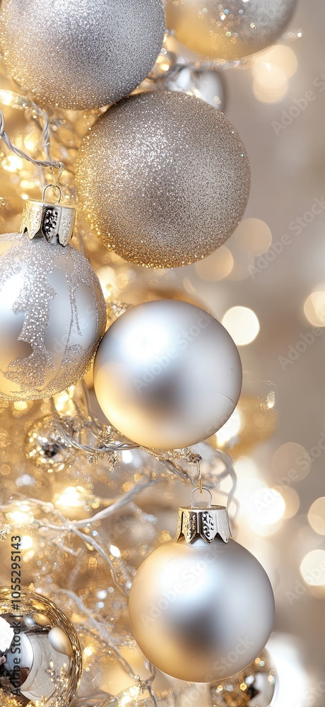 Poster a close-up of the christmas tree with lights and ornaments against a blurred background of sparkling