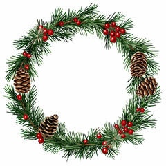 Festive Christmas wreath. Round frame made of conifer branches decorated with cones, artificial red berries and decorative gold snowflakes. Wreath isolated on white background