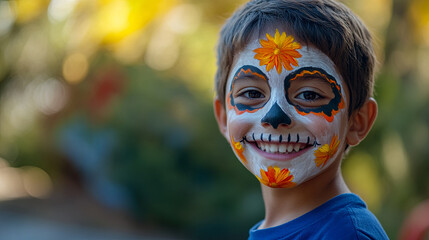 Smiling boy with traditional Dia de los Muertos face paint featuring vibrant flowers and skull design, celebrating cultural heritage and joy