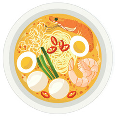 Top view of Penang Assam Laksa in a cartoon style on white background