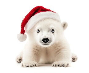 Obraz premium Adorable polar bear cub wearing a festive Santa hat on a white background.