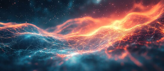 Abstract digital art of a glowing neon blue and orange wave with a starry background.