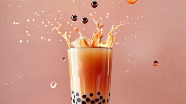 Dynamic milk tea explosion with boba pearls against soft pink background