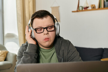 A young man with Down syndrome listens to music with headphones while seated comfortably.