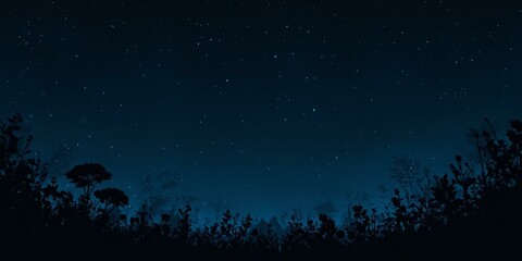 Fototapeta premium Background Of Serene Night Scene With Dark Blue Sky And Silhouetted Plants And Flowers