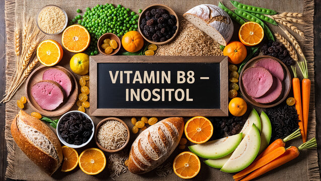 Various fresh food vegetables, fruits, with the sign inscription vitamin B8 Inositol
