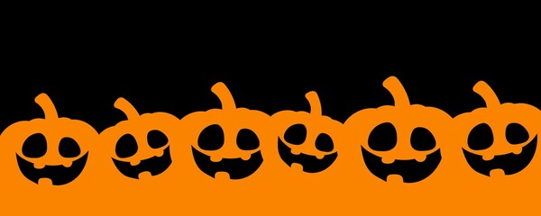 Halloween pumpkin seamless banner. Spooky squash lanterns silhouettes, scary jack-o-lanterns halloween flat vector background illustration. Halloween holiday party endless poster