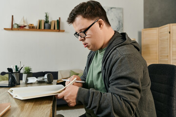 A young man with Down syndrome focuses on his writing, surrounded by a warm and inviting home environment.