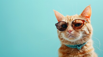 A stylish ginger cat wearing round sunglasses and a blue collar poses confidently against a calming blue background, embodying a cool, relaxed vibe.