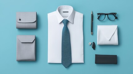 Businessman's Outfit Essentials: A Flat Lay of a White Shirt, Tie, and Accessories