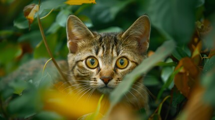 A tabby cat with striking yellow eyes is surrounded by lush green leaves, appearing curious and alert while partially concealed in vibrant natural foliage.