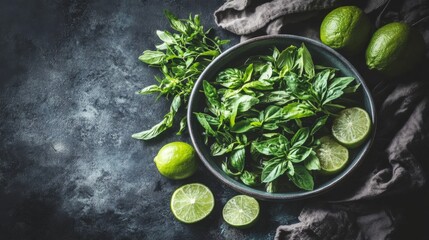 Obraz premium Fresh Herbs and Lime in Rustic Kitchen Setting