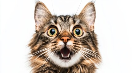 Surprised Tabby Cat with Mouth Open on White, Funny Muzzle Expression, Isolated on White Background