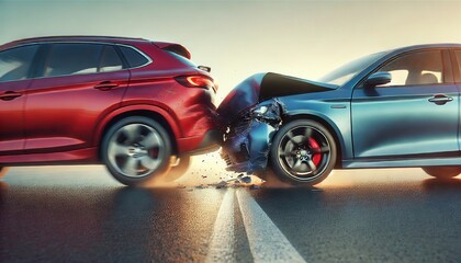 Close-Up of a Rear-End Collision (Auffahrunfall) Between Red and Blue SUVs on the Highway – Illustrating Road Safety and Accidents