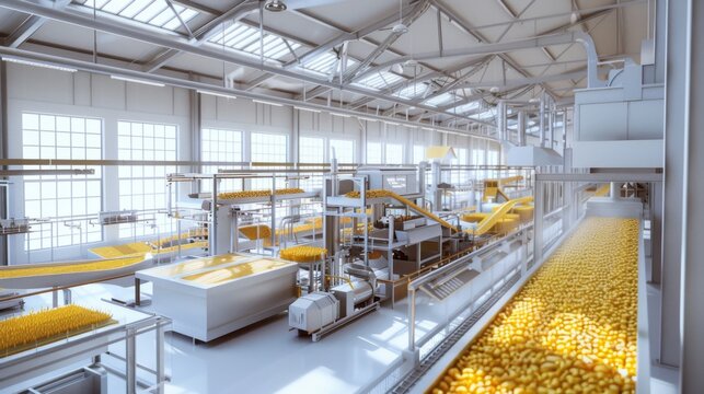 A highly automated industrial facility featuring multiple conveyor belts handling yellow products, illustrating efficiency and modern manufacturing technology.