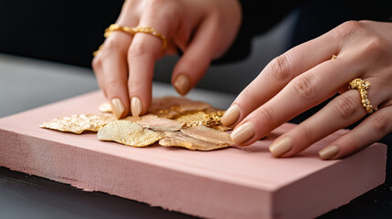 Close-up of hands applying gold leaf on a pink textured surface, with elegant golden rings and manicured nails.