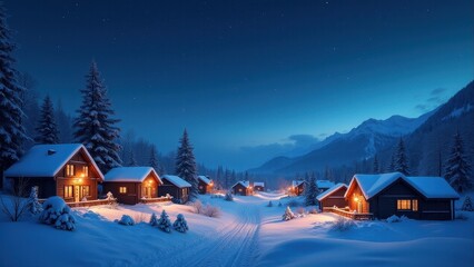 Fototapeta premium Snow-covered cabins glow warmly under a starry night sky. Tall pine trees and mountains surround the tranquil winter scene, evoking peace and solitude.