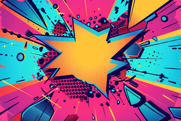 A vibrant explosion of colors in a comic book style, featuring dynamic shapes and bold lines against a pink and blue background.