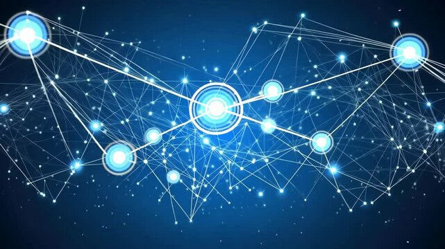 An abstract illustration of a connected network with glowing nodes on a blue background