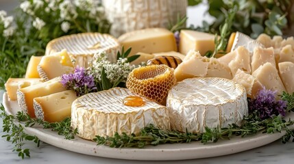 A cheese plate decorated with edible flowers, fresh herbs, and honeycomb, a mix of colors and textures, creating an artistic and fresh arrangement