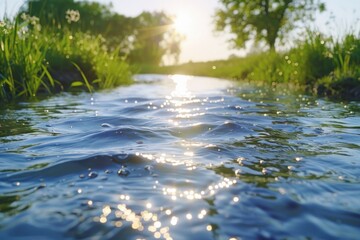 Obraz premium Serene Creek Flowing Through Lush Green Meadow at Sunset, Tranquil Waterway in Nature's Embrace, Picturesque Outdoor Scene with Golden Sunlight Reflecting on the Rippling Water