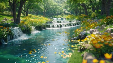 Naklejka premium Serene Waterfall in Lush Forest Tranquil Creek Flows Through a Picturesque Landscape, Sunbeams Dappling the Water, Nature's Serenity at its Finest, Perfect Tranquility, Scenic Beauty