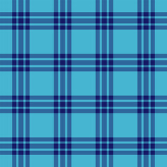 Short plaid fabric pattern, unique tartan vector check. Flow seamless texture background textile in cyan and blue colors.