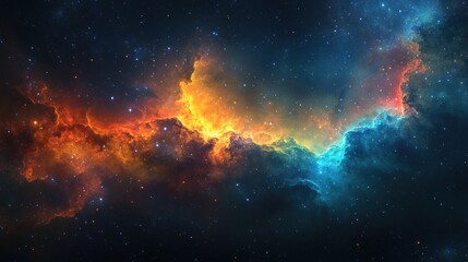 A vibrant nebula with swirling clouds of orange and blue gas, illuminated by distant stars.