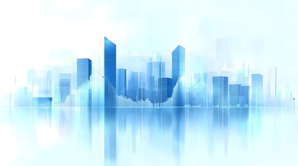 Fototapeta premium Modern City Skyline with High-Rise Buildings and Transparent Blue Tones Featuring Minimalistic Data Graph Overlay, Highlighting Financial Growth Concept and Futuristic Architecture in Clean