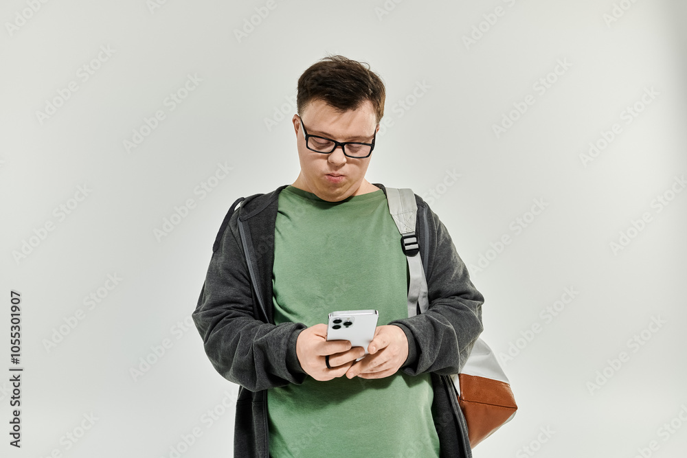 Fototapete a man with down syndrome enjoys texting while standing at home.