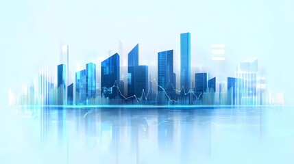 Modern City Skyline with High-Rise Buildings and Transparent Blue Tones Featuring Minimalistic Data Graph Overlay, Highlighting Financial Growth Concept and Futuristic Architecture in Clean