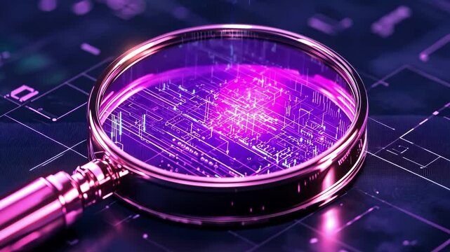 Futuristic magnifying glass with digital circuitry for cybersecurity analysis