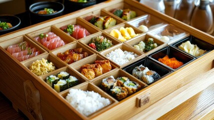 Fototapeta premium Fresh Sushi Bento Box in Traditional Japanese Tray