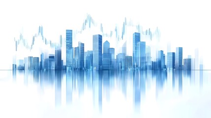 Obraz premium Modern City Skyline with High-Rise Buildings and Transparent Blue Tones Featuring Minimalistic Data Graph Overlay, Highlighting Financial Growth Concept and Futuristic Architecture in Clean