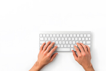 Top view hands typing on a keyboard, isolated on white background