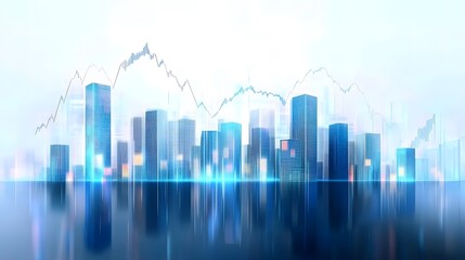 Abstract Business Growth Concept with Modern City Skyline and Upward Data Lines, Featuring Blue Holographic Light and Floating Data Points in a High-Tech Urban Environment with Corporate Finance