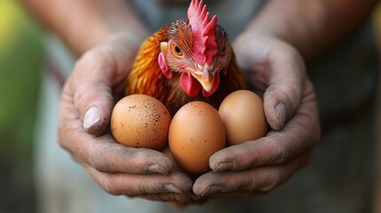 A Hen and Three Eggs Held in Rough Hands