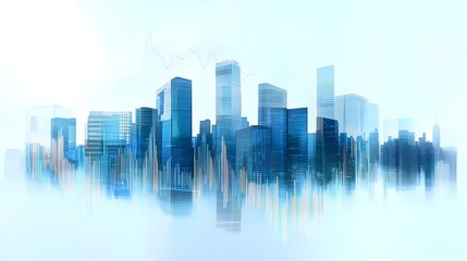 City Skyline Blended with Financial Graphs Using Double Exposure Effect, Featuring Transparent Buildings, Tech-Inspired Colors, and Digital Analytics for Economic Data Visualization in Futuristic