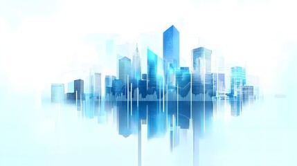 Obraz premium City Skyline Blended with Financial Graphs Using Double Exposure Effect, Featuring Transparent Buildings, Tech-Inspired Colors, and Digital Analytics for Economic Data Visualization in Futuristic