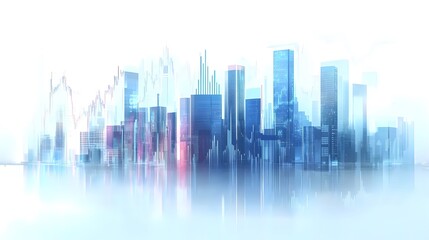 City Skyline Blended with Financial Graphs Using Double Exposure Effect, Featuring Transparent Buildings, Tech-Inspired Colors, and Digital Analytics for Economic Data Visualization in Futuristic