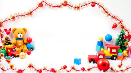Fototapeta premium Festive holiday decorations with colorful toys and ornaments on a bright white background, capturing the spirit of Christmas cheer