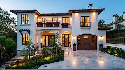 Elegant Mansion Exterior with Evening Illumination