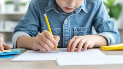 Child writing with pencil on paper at a bright workspace.