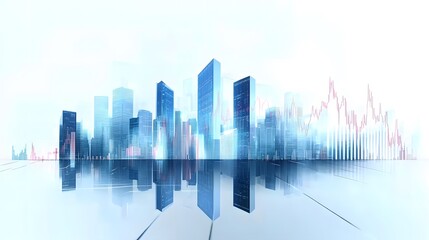 Obraz premium City Skyline Blended with Financial Graphs Using Double Exposure Effect, Featuring Transparent Buildings, Tech-Inspired Colors, and Digital Analytics for Economic Data Visualization in Futuristic